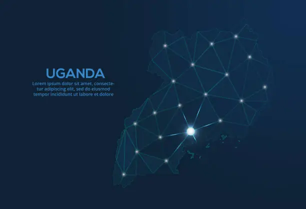 Vector illustration of Uganda communication network map. Vector low poly image of a global map with lights in the form of cities. Map in the form of a constellation, mute and stars.