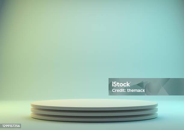 Round Podium Or Pedestal With Green Backgound Stock Photo - Download Image Now - Backgrounds, Podium, Merchandise