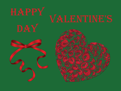 valentine`s day postcard with heart and roses in colors on green background, poster, banner
