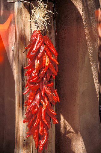 A bright red Chile Ristra is hanging on a rustic wooden beam with an adobe wall seen in the background. This is a traditional Fall scene in New Mexico.