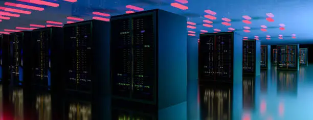 Servers racks in server room cloud data center. Datacenter hardware cluster. Backup, hosting, mainframe, mining, farm and computer rack with storage information. 3D rendering. 3D illustration
