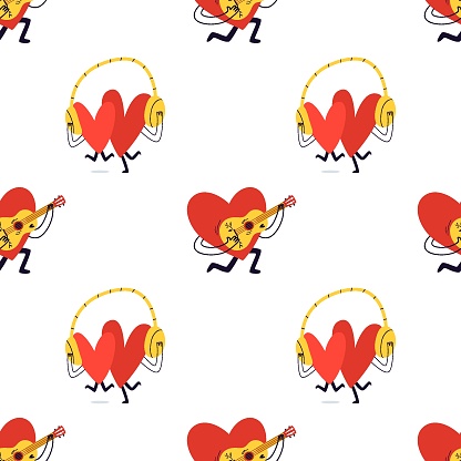 Seamless background with loving hearts. Cute red hearts are listening to music in big headphones and playing the guitar. Vector stock illustration in cartoon style on a white background.