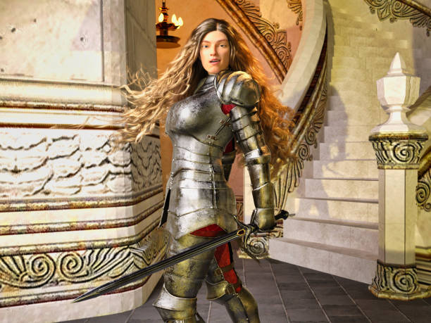 3D Photo of a  Young Female Knight With Armour and Sword stock photo