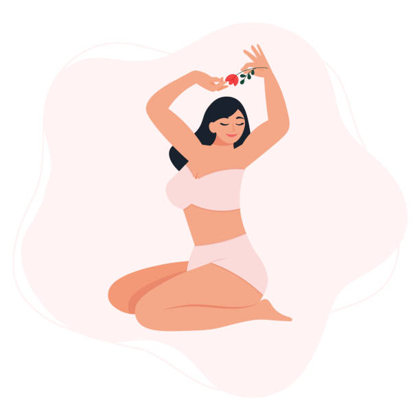ilustrações de stock, clip art, desenhos animados e ícones de young beautiful woman sitting in lingerie. love yourself, your body, to be yourself, menstruation days, women"u2019s health care concepts. vector illustration in flat style - body positive