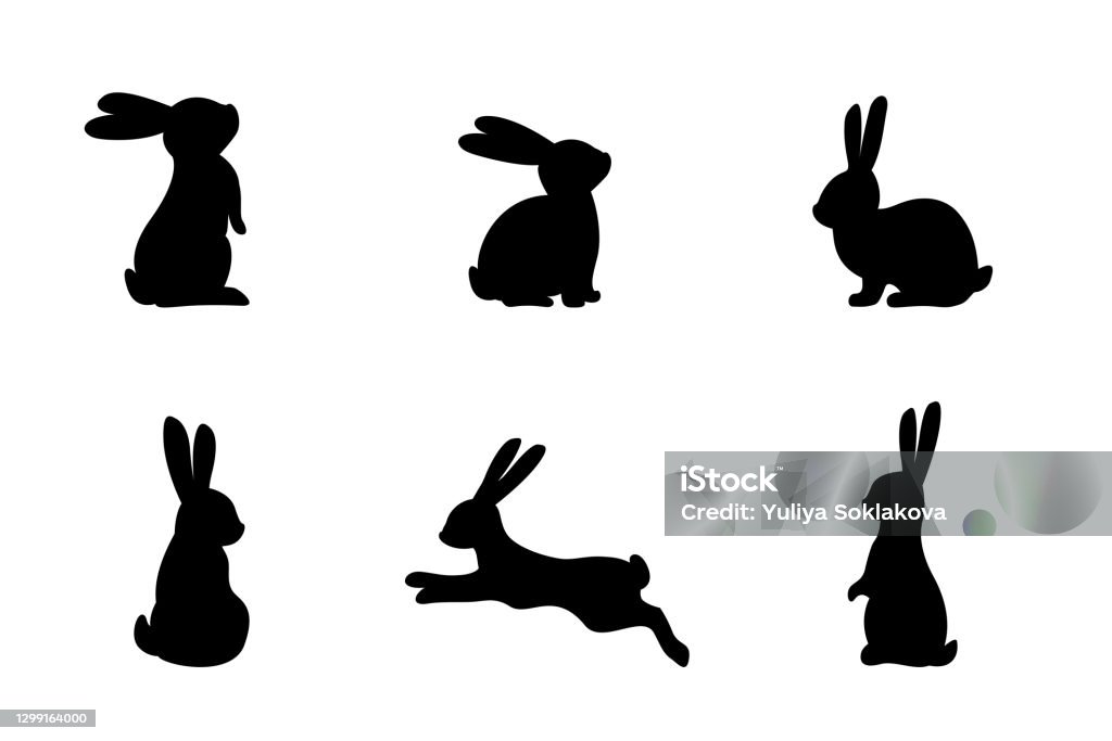 Conjunto de diferentes siluetas de conejitos para uso de diseño. Siluetas de conejos aislados sobre un fondo blanco. - arte vectorial de Conejo - Animal libre de derechos