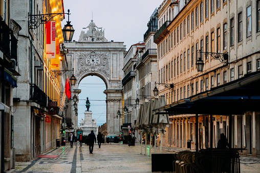 Lisbon, Portugal - January 28, 2021: Almost empty Rua Augusta in the Baixa district of Lisbon, Portugal during Covid-19 outbreak and lockdown