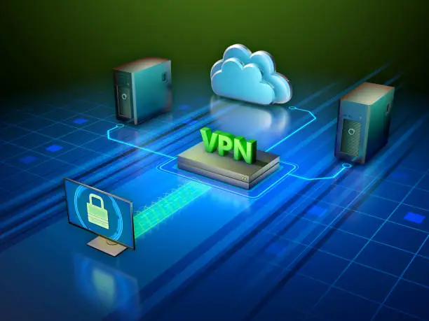 Virtual private network creating a secure connection between your devices and the internet. Digital illustration.