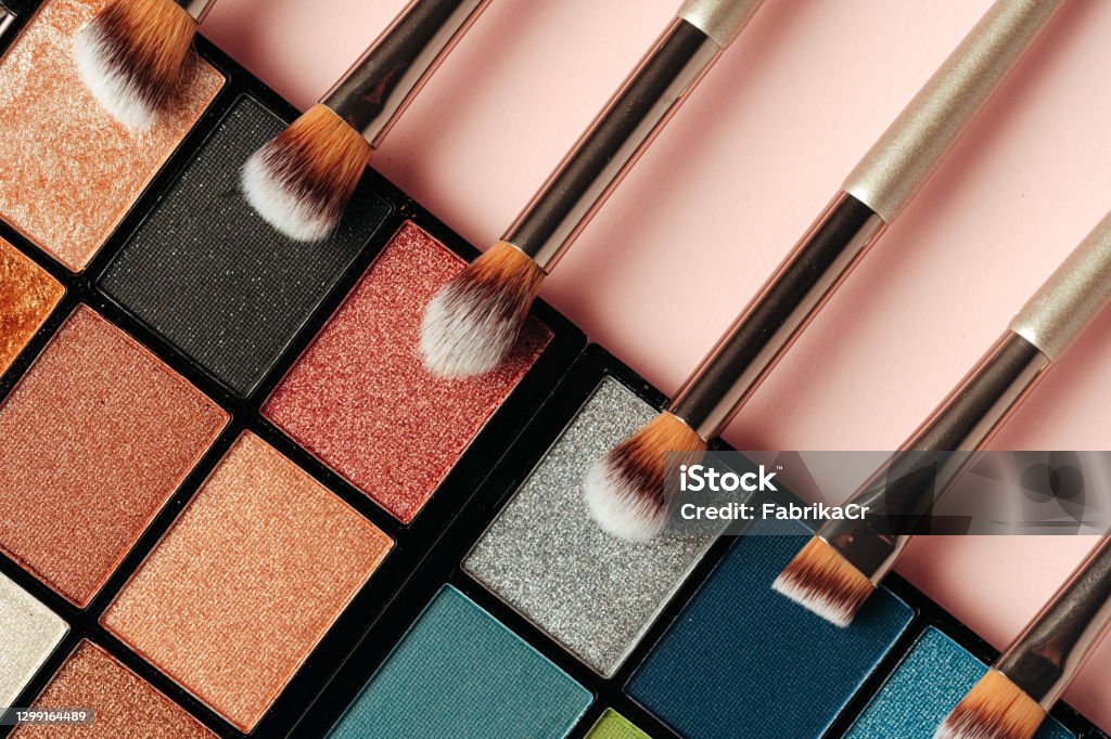 Make-up palette and brushes. Professional eyeshadow palette. Make-up palette and brushes. Professional eyeshadow palette. Close up. Make-Up Stock Photo