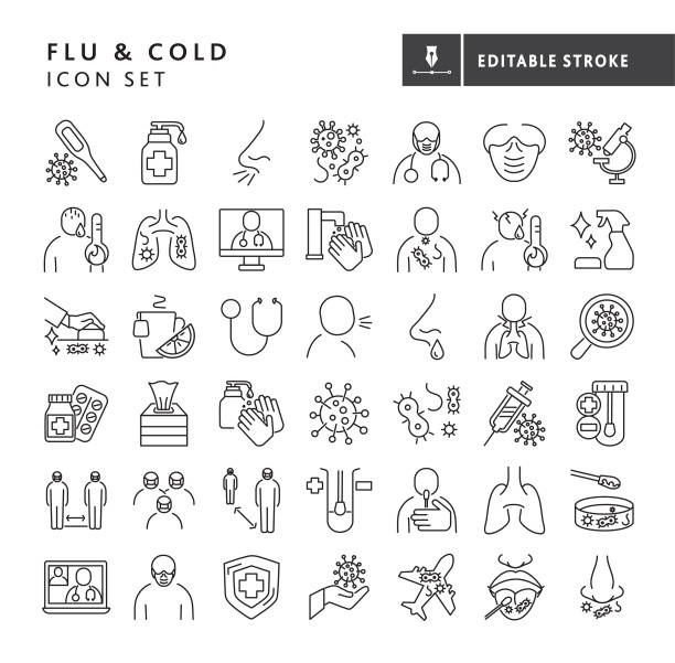 Cold and Flu virus big thin line Icon set - editable stroke Vector illustration of a big set of 43 virus themed line icons. Includes thermometer, hand sanitizer, sneezing, bacteria, doctor, face mask, research, fever, lung infection, online doctor meeting, washing hands, cleaning supplies, stethoscope, coughing, nasal drip, sore throat, medicine, tissue, virus, vaccination, swap test, social distancing, testing. Can be used for coronavirus or general cold and flu symbols. Icons on background with no white box below. Fully editable stroke outline for easy editing. Simple set that includes vector eps and high resolution jpg in download. covid thermometer stock illustrations