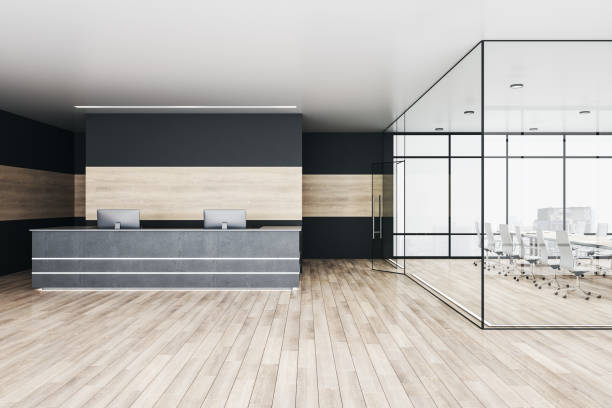 istock Modern office hall with reception desk and meeting glass room 1299165452