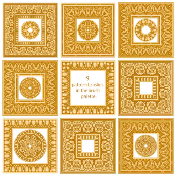 set aus geschnitztem gold klassische griechische dekorative grenzen auf einem weißen hintergrund. verzierte fries für bild goldenen rahmen. teppich-druck, teppich, bandana-design. 9 musterbürsten in der pinselpalette - gold leaf backgrounds gold ornate stock-grafiken, -clipart, -cartoons und -symbole