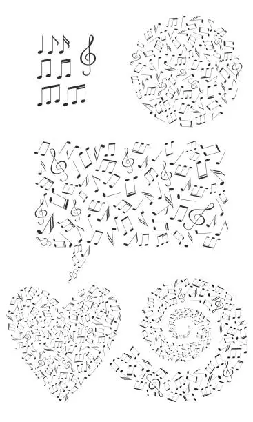 Vector illustration of Set of shapes filled with music notes. Circle, heart, message, spiral shapes.