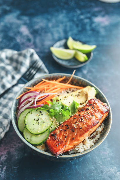 istock Spicy Salmon Bowl with Rice, Carrots, Cucumber and Avocado 1299168761