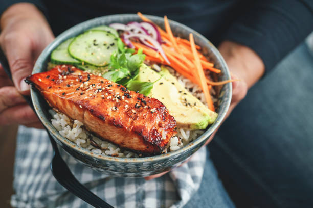 istock Spicy Salmon Bowl with Rice, Carrots, Cucumber and Avocado 1299168762