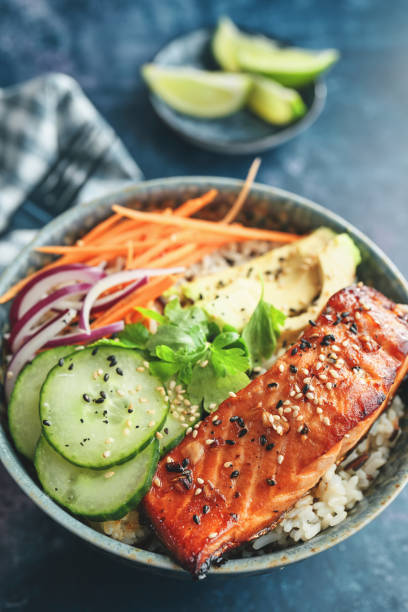 istock Spicy Salmon Bowl with Rice, Carrots, Cucumber and Avocado 1299169066