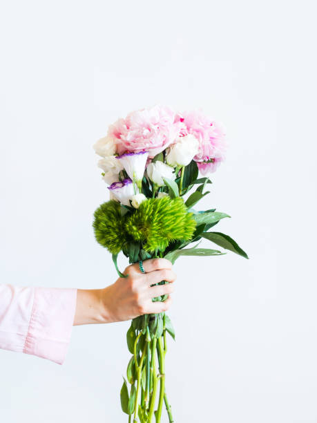 istock Female hand holding beautiful pastel peony bouquet 1299171099