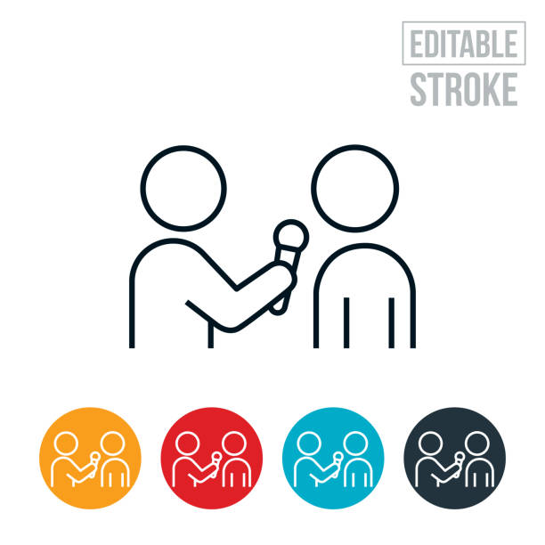 Reporter Giving Interview Thin Line Icon - Editable Stroke An icon of a reporter giving an interview to a person. The icon includes editable strokes or outlines using the EPS vector file. interview event icons stock illustrations