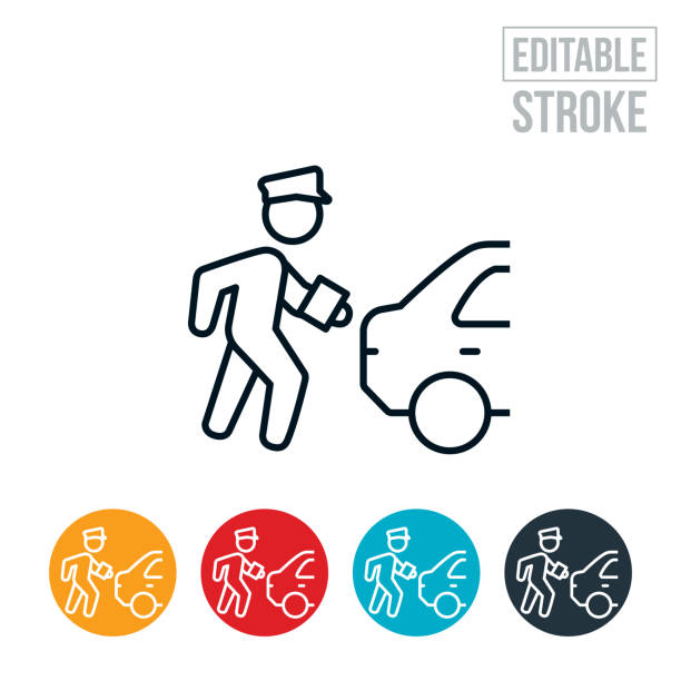 Police Officer Giving Traffic Ticket Thin Line Icon - Editable Stroke An icon of a police officer walking towards a stopped car with a traffic or speeding ticket. The icon includes editable strokes or outlines using the EPS vector file. traffic police stock illustrations