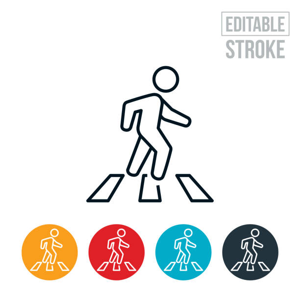Person Walking In Crosswalk Line Icon - Editable Stroke An icon of a person crossing the street while walking in a crosswalk. The icon includes editable strokes or outlines using the EPS vector file. pedestrian stock illustrations