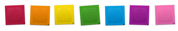 stockillustraties, clipart, cartoons en iconen met condooms verpakking, regenboog gekleurde rubbers verpakt in plastic zakjes, een voor elke dag van de week. geïsoleerde vectorillustratie op witte achtergrond. - condoom