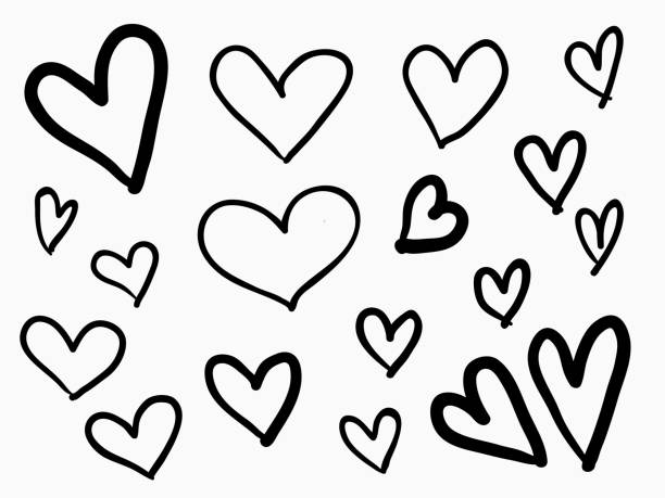 izole ruj siyah vuruş ışık seti ve kalın doğrusal boyama çocuksu el çizilmiş kalp sembolleri çizgi sanat vektör tasarımı - kalp şekli stock illustrations