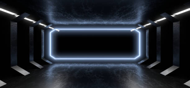 istock A dark corridor lit by colorful neon lights. Reflections on the floor and walls. 3d rendering image. 1299177451