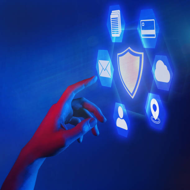 private data security, network firewall, personal data protection and cyber security concept, woman hand touching shield symbol in neon lighting, square banner stock photo