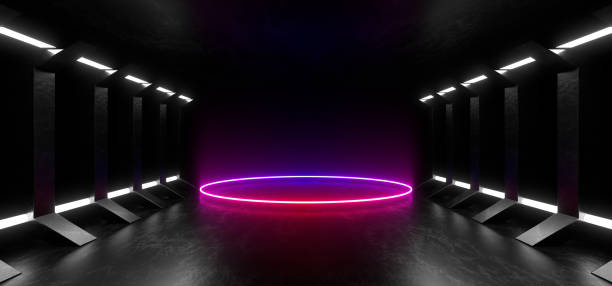 istock A dark corridor lit by colorful neon lights. Reflections on the floor and walls. 3d rendering image. 1299181575