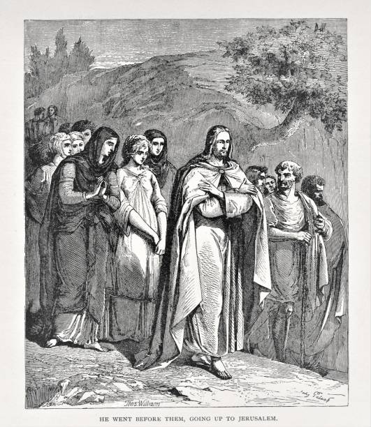 Jesus and Followers Go to Jerusalem during Passover Women and men following Jesus Christ to Jerusalem during Passover. Illustration published in The Life of Christ by Louise Seymour Houghton (American Tract Society: New York) in 1890. Copyright expired; artwork is in Public Domain. Digitally restored. Worshipper stock illustrations
