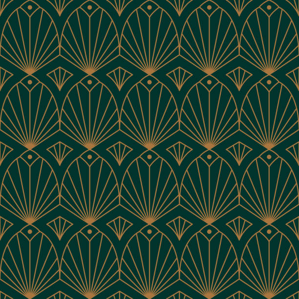 Art Deco Seamless Pattern in a Trending minimal Linear Style. Vector Abstract Geometric background Art Deco Seamless Pattern in a Trendy minimal Style. Vector Abstract Geometric background with Golden lines. For packaging, fabric printing, branding, wallpaper, covers green old fashioned vector backgrounds stock illustrations
