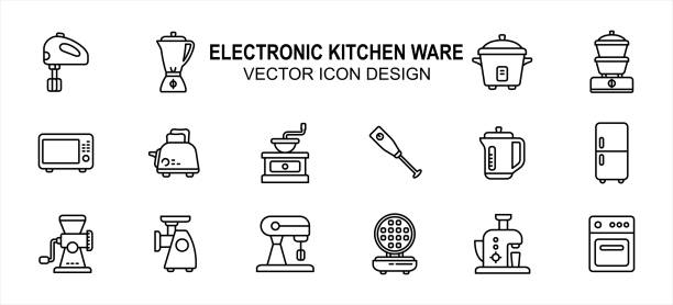 Simple Set of electric kitchenware and cooking Vector icon user interface graphic design. Contains such Icons as hand mixer, juicer, rice cooker, coffee grinder, meat mincer, refrigerator, oven Simple Set of electric kitchenware and cooking Vector icon user interface graphic design. Contains such Icons as hand mixer, juicer, rice cooker, coffee grinder, meat mincer, refrigerator, oven milk froth stock illustrations