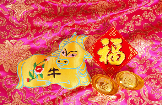 Tradition Chinese cloth doll ox,2021 is year of the ox,Chinese characters on leftside gold ingot and red card translation:good bless for new year.characters on ox mean: ox