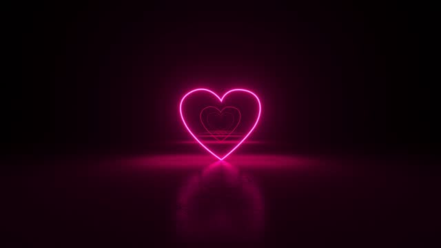 Abstract futuristic corridor with pink hearts on dark background. Laser neon lines, geometric endless tunnel. Valentine's Day. Romantic love concept. Moving forward. 3d animation loop of 4K