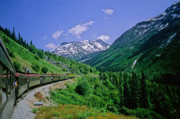 The White Pass and Yukon scenic railway that goes from Skagway, Alaska to the White Pass in the Yukon Territory of Canada.