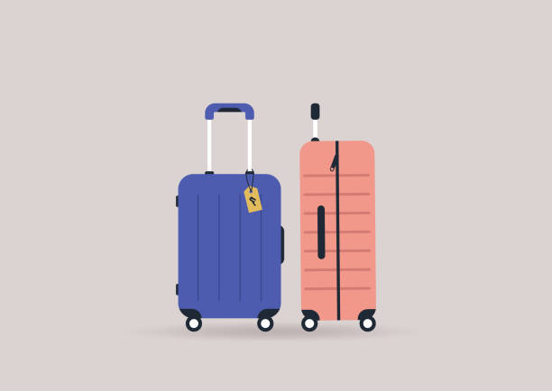 illustrations, cliparts, dessins animés et icônes de un ensemble de valises de voyage, bagages de cabine et bagages d’enregistrement - voyage