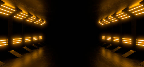 istock A dark corridor lit by colorful neon lights. Reflections on the floor and walls. 3d rendering image. 1299194889