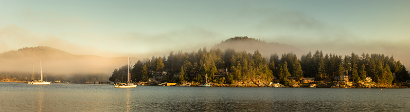 Panoramic scenic views from Pender harbour on summer morning.