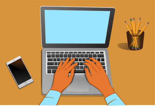 hands typing on laptop hands typing your text on laptop on the table writing email stock illustrations