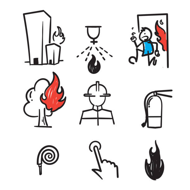 illustrazioni stock, clip art, cartoni animati e icone di tendenza di disegnata a mano icona relativa al fuoco e alla lotta antincendio impostata in stile doodle - segnale di uscita demergenza