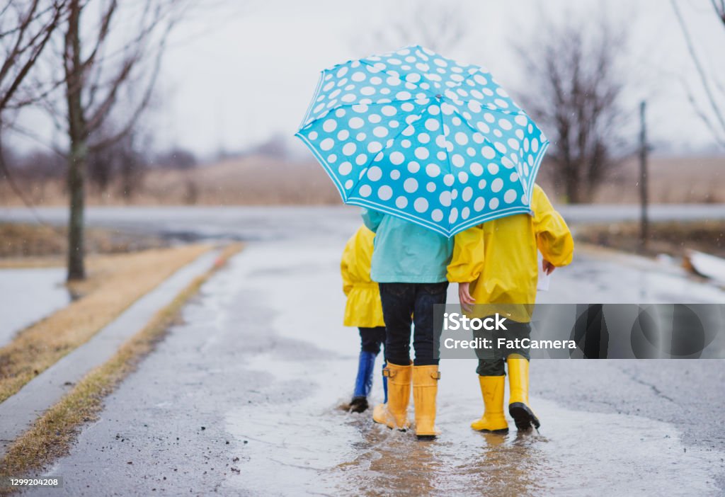 Siblings walking outdoors on a rainy day Back view of three siblings walking in the rain wearing raincoats and sharing a blue polka dot umbrella. Umbrella Stock Photo