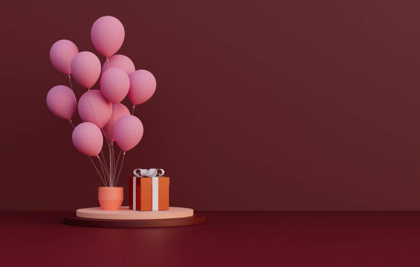 istock 3d rendering. Podium or product stand with Pink balloon and gift box on red background with copy space. Valentine's day, Birthday, Advertise 1299207291