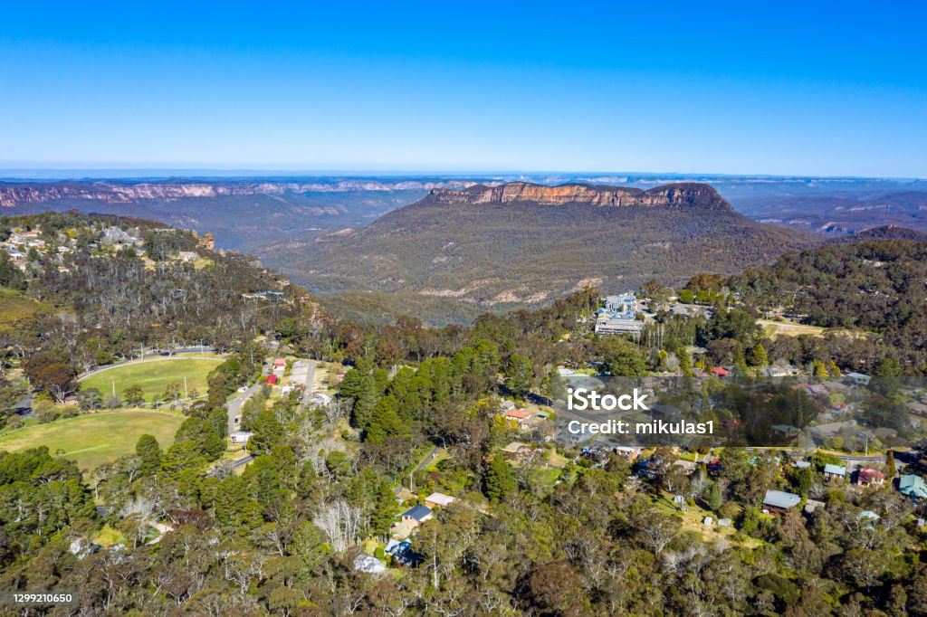 Aerial view of Katoomba Aerial panoramic view of Katoomba NSW, Australia. With Kanangra valley and Mount Solitary. Katoomba Stock Photo