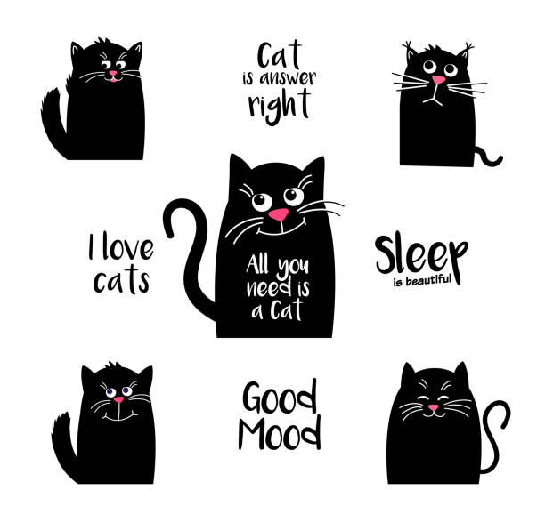 set kawaii schwarze katze mit schriftzug. ich liebe katzen. nette zeichentrickfigur. - sadness domestic cat black pensive stock-grafiken, -clipart, -cartoons und -symbole