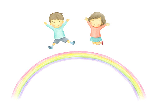 Watercolor illustration of children jumping a rainbow.