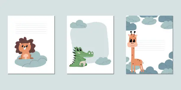 Vector illustration of Set of vector children's cards with lion, crocodile and giraffe. Templates for text for a children's party, baby shower, cards, invitations, diplomas.