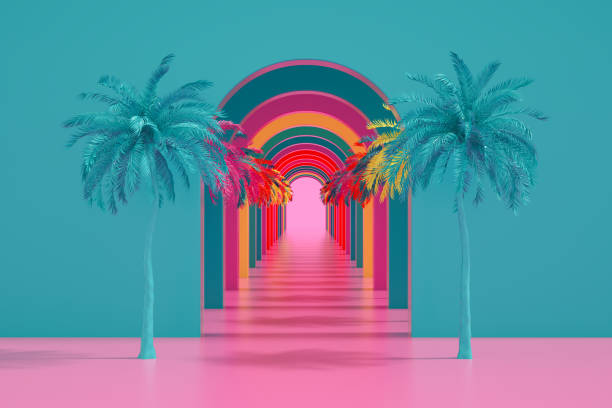 abstract colorful tunnel with palm tree - surrealista imagens e fotografias de stock
