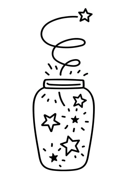 Vector illustration of Hand-draw a glass jar of stars and stardust in doodle style. A magic bank with stars. Inspirational doodle design for t-shirts and postcard. Black outlines isolated on a white background. Vector.