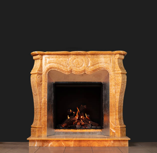 istock Beige marble luxury fireplace on black background 1299221150