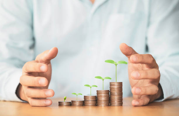 istock Businessman protect increasing coins stacking with growth plant on table for saving concept. 1299221515