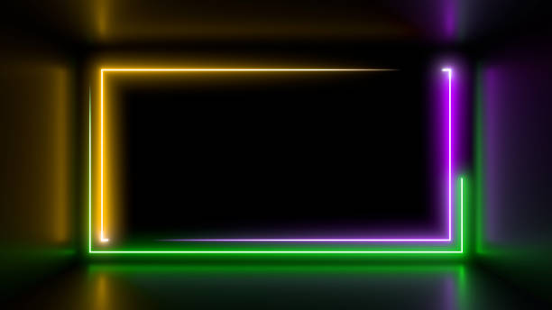 istock Colorful neon lamps in a dark corridor. Reflections on the floor. 3d rendering image. 1299222361